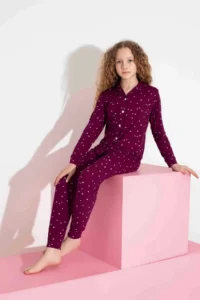 Tarık Girls' Youth and Children's Star Pattern Long Sleeve Milan Fabric Front Buttoned Seasonal Pajama Set - Image 2