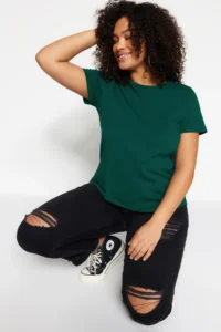 Trendyol Curve Emerald Green Regular Fit Basic Crew Neck 100% Cotton Knitting Plus Size T-Shirt
