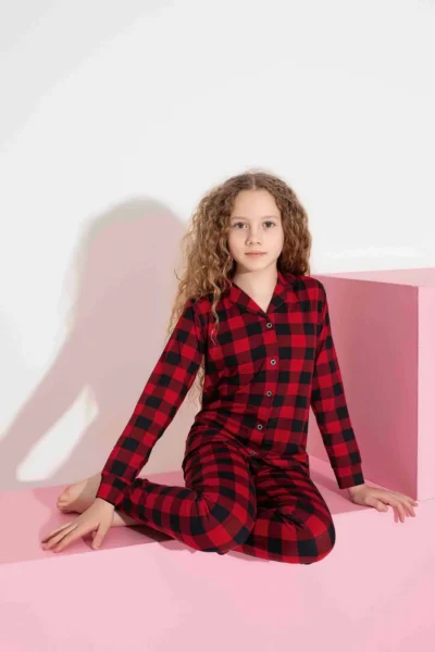 Tarık Girls' Youth and Children's Square Pattern Long Sleeve Milan Fabric Front Buttoned Seasonal Pajama Set