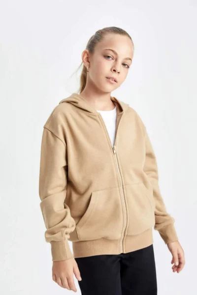 DeFacto Girl's Basic Plain Hooded Zippered School Cardigan
