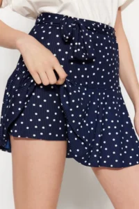 TRENDYOLMİLLA Navy Blue Polka Dot Skirt Look High Waist Mini Knitting Shorts - Image 2