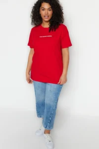 Trendyol Curve Red relaxed Fit Slogan Printed Crew Neck 100% Cotton Knitting Plus Size T-Shirt - Image 5