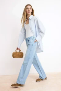 TRENDYOLMİLLA Mavi Flowy Regular Waist 100% Cotton LONG Size Wide Leg jeans - Image 2