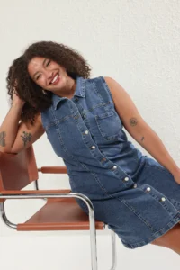 Trendyol Curve Light Blue Shirt Collar with pocket Middle Flexible Plus Size denim Dress