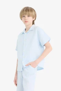 DeFacto Oversize Wide Fit Polo Neck Muslin Short Sleeve Shirt Boy - Image 4