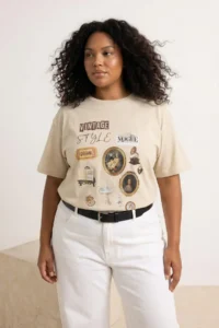 Trendyol Curve Stone 100% Cotton Printed Oversized Pattern Crew Neck Plus Size Knitting T-Shirt