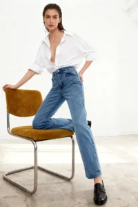 TRENDYOLMİLLA Mavi High Waist Plain Kesim Straight 100% Cotton Non-Stretch jeans