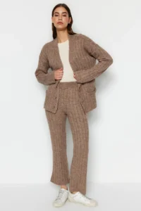TRENDYOLMİLLA Mink Wide Pattern Soft textured Knitwear Top and Bottom Set