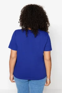 Trendyol Curve Saks Blue Regular Fit Basic Crew Neck 100% Cotton Knitting Plus Size T-Shirt - Image 4