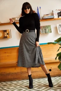 Olalook Women's Houndstooth Black Elastic Waist Suede Textured Bell Skirt - Image 4