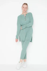 TRENDYOLMİLLA Mint Ribbed Wide Pattern Knitwear Top and Bottom Set