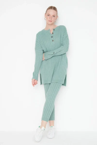 TRENDYOLMİLLA Mint Ribbed Wide Pattern Knitwear Top and Bottom Set