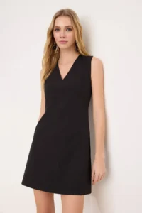 TRENDYOLMİLLA Wardrope Essentials Black Plain Sleeveless V-neck Mini Flexible Weaving Dress - Image 2