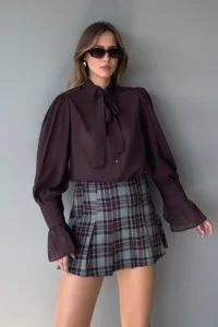 TRENDYOLMİLLA Burgundy Binding Detailed Lightly Transparent Soft Feeling Boho Shirt