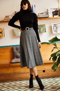 Olalook Women's Houndstooth Black Elastic Waist Suede Textured Bell Skirt - Image 3