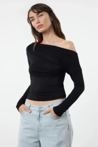TRENDYOLMİLLA Black Plain Soft Fabric Fitted Boat Neck Knitting Blouse - Image 2
