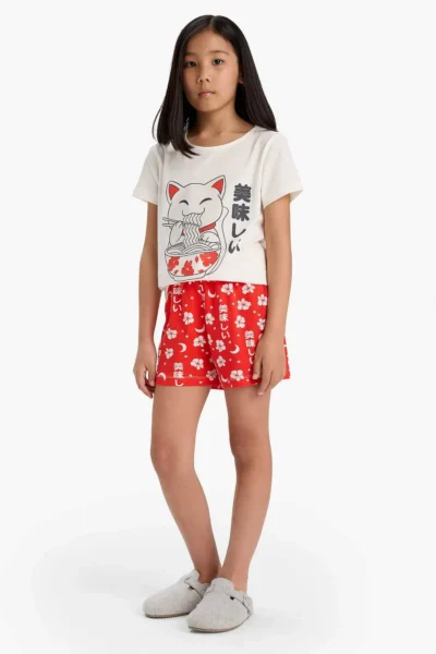 DeFacto 100% Cotton Anime Printed Pajama Set Girls