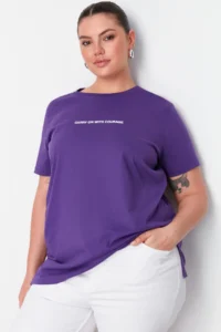Trendyol Curve Purple relaxed Fit Slogan Printed Crew Neck 100% Cotton Knitting Plus Size T-Shirt - Image 3