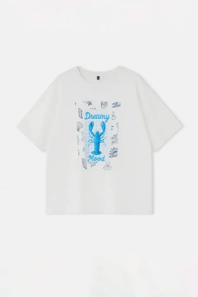 Trendyol Curve Ecru Yengeç Printed Oversized Fit LONG Size Plus Size T-Shirt
