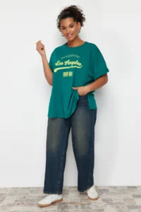 Trendyol Curve Green Wide Pattern Crew Neck Printed 100% Cotton Knitting T-Shirt - Image 4