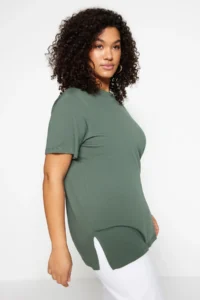Trendyol Curve Dark MINT relaxed Crew Neck slit 100% Cotton Knitting T-Shirt - Image 3