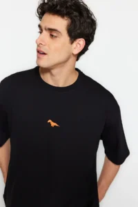MAN Black Oversized/Wide Cut Crew Neck Short Sleeve Dinosaur Embroidered T-Shirt