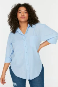 Trendyol Curve Mavi Loose Fit Cotton Long Sleeve Plus Size Weaving Shirt - Image 5