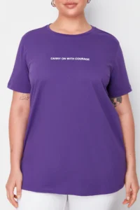 Trendyol Curve Purple relaxed Fit Slogan Printed Crew Neck 100% Cotton Knitting Plus Size T-Shirt - Image 4