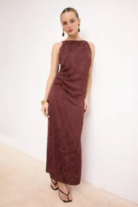 TRENDYOLMİLLA Brown Ruffle and Drape Detailed Midi Weaving Dress - Image 2