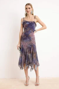 TRENDYOLMİLLA Purple-Multicolored Abstract pattern Siphon Midi Lined Party Dress