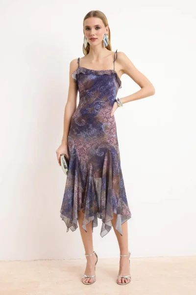 TRENDYOLMİLLA Purple-Multicolored Abstract pattern Siphon Midi Lined Party Dress