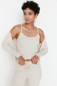 TRENDYOLMİLLA Beige Fitillli Blouse Cardigan Pants Knitwear Top and Bottom Set - Image 2