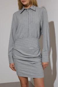 TRENDYOLMİLLA Gray Striped polyviscone Drape Detailed Fitted Mini Weaving Dress - Image 3