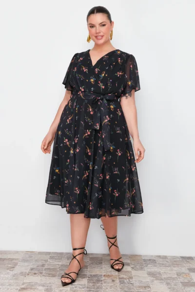 Trendyol Curve Multicolored flower patterned Siphon Double breasted Weaving Dress