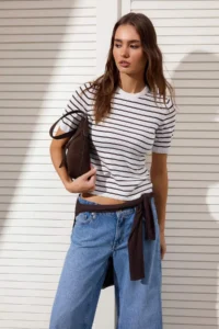 TRENDYOLMİLLA Bonnet Striped Basic Viscose Blended Knitwear Thin Blouse