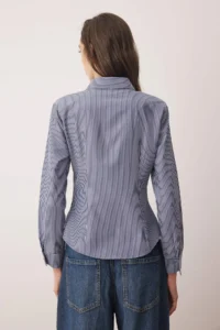 TRENDYOLMİLLA Navy Blue-White Striped Silver Button Detailed Padded Shirt - Image 4