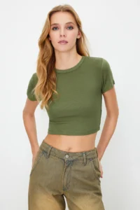 TRENDYOLMİLLA Khaki-Open Stone 2 Sets Package Crop Viscous/Soft Material Flexible Knitting Blouse - Image 4