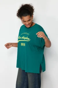 Trendyol Curve Green Wide Pattern Crew Neck Printed 100% Cotton Knitting T-Shirt - Image 5