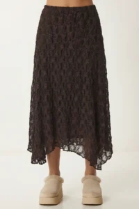 Lovelyİstanbul Lace Detailed Asymmetrical Midi Skirt  BROWN - Image 4