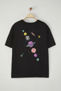 Trendyol Curve Black Galaxy Printed Oversized Fit Plus Size T-Shirt