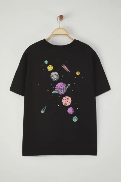 Trendyol Curve Black Galaxy Printed Oversized Fit Plus Size T-Shirt