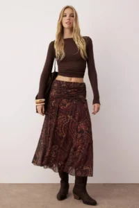 TRENDYOLMİLLA Multicolored Maxi Ruffle/Drape Detailed Boho/Boho Chic Printed Tulle Flexible Knitting Skirt