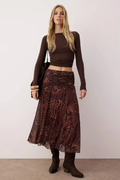 TRENDYOLMİLLA Multicolored Maxi Ruffle/Drape Detailed Boho/Boho Chic Printed Tulle Flexible Knitting Skirt