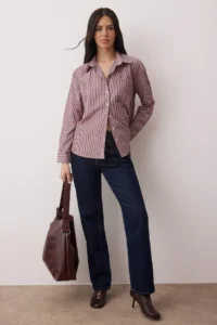 TRENDYOLMİLLA Burgundy Striped Oversized/Wide Pattern Shirt - Image 2