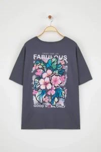 Trendyol Curve Anthracite Oversized Fit 100% Cotton Front and Back Printed Knitting Plus Size T-Shirt - Image 6