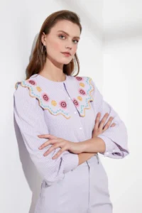 TRENDYOLMİLLA Lilac Embroidery Detailed seersucker Material Regular Normal Pattern Weaving Shirt - Image 2