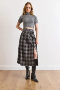 Olalook Women's Anthracite Plaid Pleated Double Buckle Slit Skirt - Image 2