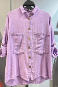 FEMELLE Women's Lilac Wooden Buttoned Cotton Linen Shirt 65% Cotton 35% Linen