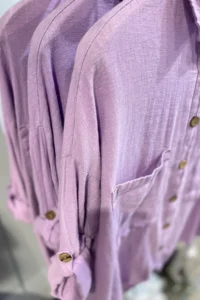 FEMELLE Women's Lilac Wooden Buttoned Cotton Linen Shirt 65% Cotton 35% Linen - Image 2