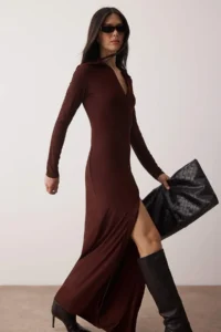 TRENDYOLMİLLA Brown Polo Shirt Collar buttoned bodycone/Fitting Maxi Knitting Dress - Image 2